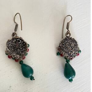 VTG Earrings Oxidized Hand crafted red/green beads Drop earrings OS